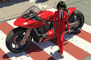 Anime style by Katsuhiro Otomo. Overhead shot of a woman walking away from a futuristic motorcycle parked at a zebra crossing. The woman has short black bob hair, is smoking. She wear a red business suit, white shirt, black tie, and sunglasses. She holds a gun with a confident grip. The motorcycle itself is red, sleek and metallic, with intricate designs and a futuristic vibe.