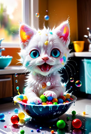 Made of bath foam and soap bubbles, photograph capturing a kitten, M&M out of a bowl, with sharp focus, vibrant colors, strong film grain, cinematic lighting,  dream, on the kitchen table near the sink, sunny