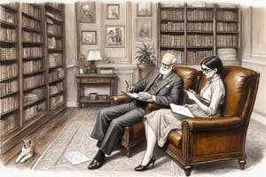 A drawing of a psychiatrist and a woman lying on a classic leather couch. Sigmund Freud, is seated in a small wooden chair opposite her, taking meticulous notes on a notepad. The woman looks introspective, dressed in a simple blouse and skirt, while Freud dons a suit and glasses. The walls are adorned with bookshelves and a few framed antique paintings, creating a sense of history and wisdom.