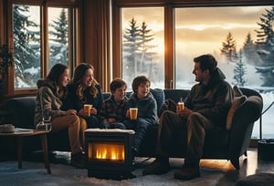 Advertising photo.  A family of four enjoying their afternoon together in the living room with a gas heater.  Snow outside of the window.  Golden hour.