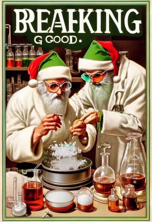 TEXT LOGO "Breaking Good" Photo Santa Clause and Elves cooking meth in a lab,  wearing chemist goggles,  art by J.C. Leyendecker