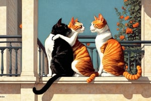 Two cats kissing on a balcony. One cat is an orange tabby. The other is a black cat. Parody of Romeo and Juliet.  Art by Norman Rockwell.