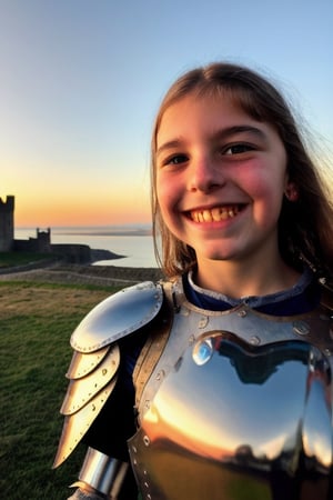 Selfie of  Argentine girl in medieval metal armor, near a faraway castle at sunset. casual photo, closeup, smiling