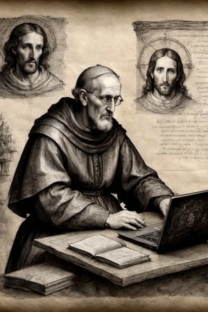 Medieval charcoal drawing of Jesuit priest working on his laptop and staring at jesus on a 4k screen, on parchment