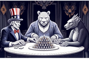 BALLPOINT PEN PAINTING. Create a satirical and symbolic illustration titled 'Nuclear Poker,' featuring Uncle Sam, a large bear (representing Russia), and a dragon (representing China) seated around a poker table. They are engaged in an intense game, with a large pile of miniature missiles in the center of the table as their stakes. Uncle Sam is on the leftwearing his iconic red, white, and blue outfit, the bear sits in the midle, hulking and serious. The dragon is on the right, poised and watchful. The setting is a dark, moody room, with a world map or nuclear warning signs subtly placed in the background. The overall tone should blend humor, symbolism, and geopolitical commentary,