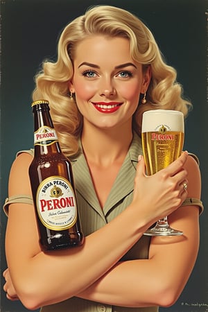 A vintage 1950s beer advertisement featuring a blonde woman with holding a bottle of Birra Peroni beer and a glass of the beer. The woman has her arms crossed and is looking at the camera with a smile on her face. The beer bottle is brown with a white label and a gold cap.