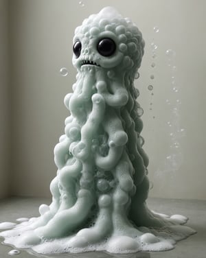 Photo of cute eldritch monster , made out of bath foam, taking a bubble bath , Victorian bathroom, art by Escher