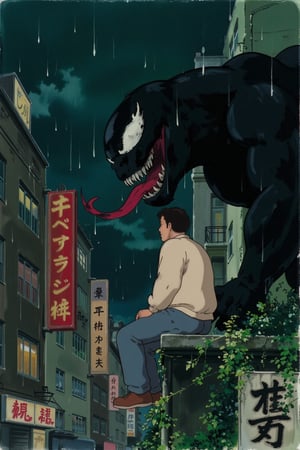 ghiblify anime. KikiLaPetiteSorciere style image. Sketch painting. ghiblistyle. A rainy night scene in a Japanese urban setting. A man in profile, is looking up in surprise at the looming and towering profile of Venom who advances on the same structure. The man wears a light beige long-sleeved shirt, blue jeans, and red shoes. Venom is depicted in his classic form: large, black, and muscular with a toothy grin, long red tongue, and white, menacing eyes. Heavy rain is falling and everyone is soaking wet. The background features a dense array of multi-story buildings with glowing windows and Japanese signage. Two vertical signs are prominent in the foreground. One, directly behind the man, is red with gold-colored characters (presumably Kanji). The other, on the lower left edge, is a lighter color with darker vertical text. The scene is filled with dark greens and blues, giving it a nocturnal and slightly melancholic atmosphere. Greenery, like vines and leafy plants, grows on the buildings and the structure where the man sits, contributing to the Ghibli aesthetic.,