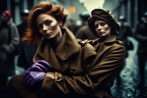 selfie, fine art photo, glamour shot, (designed by Chris Friel:0.8), photograph, crowded street, stylized, (Woman:1.3), Resting on a diagonal, the Woman has Chestnut hairstyle, Gloves, inside a Trench, Light, Heterotype, Sony A7, 800mm lens, vibrant, colorful, dramatic, epic atmosphere, theatrical, badge, Stahlhelm