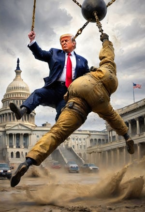Donald Trump operating a wrecking ball crane at Capitol Hill