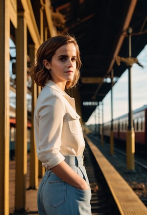 Photo Emma Watson, standing next to post in a abandoned train station, hand in her pocket, retro 90s, golden hour
