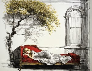 archdrafting, Sketch of patterned illumination casting a tree branch shadow a blonde woman, sleeping peacefully in the morning sunlight. The golden rays stream through a window, casting gentle shadows around her face, accentuating her full red lips and soft features