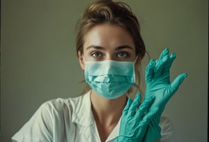 Photo of nurse, putting on rubber gloves, perfect detailed eyes, natural skin, hard shadows, film grain