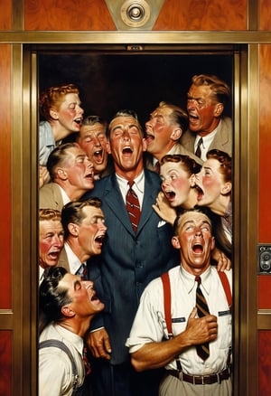 Interior of an elevator. A businessman, akimbo, joyfully & proudly farting on a crowded elevator as others wretch, grimace, and cover their noses, Norman Rockwell painting