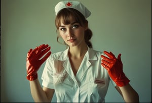 Photo of model dressed as a sexy nurse, putting on rubber gloves, perfect detailed eyes, natural skin, hard shadows, film grain
