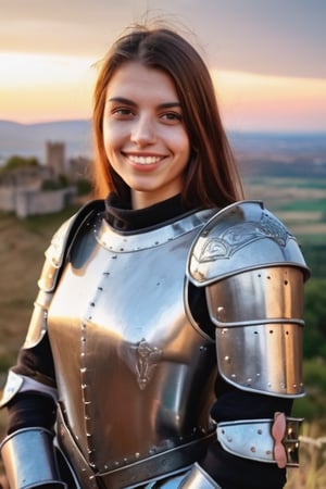 Selfie of  pretty Argentine young woman in medieval metal armor, near a faraway castle at sunset. overlooking a valley, casual photo, closeup, smiling