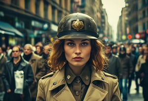 Fine art photo, glamour shot, Woman with Chestnut hairstyle, badge, Stahlhelm, crowded street, trench coat, stylized, Light, epic atmosphere, theatrical, 