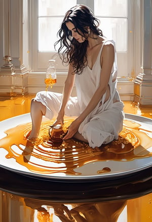long shot, full body, woman with wet hair covered in honey, resting on giant pancake on a giant plate, with a jug of honey above pouring on her, in the style of stefan kostic,art by Agnes Cecile,  art by stanley lau, artgerm, wlop, caidychen, kuvshinov ilya, backlit, refracted lighting, elegant, far distance shot, 8 k high definition,ultra clear photo, insanely detailed, intricate, elegant