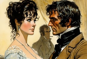 Art by Robert Mcginnis. Closeup of a couple staring intensely at each other.  Elizabeth Bennet and Mr. Darcy from Pride and Prejudice