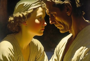 Art by N.C. Wyeth. Closeup of a couple staring intensely at each other.