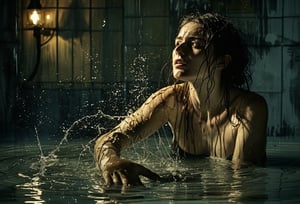 Photo of Lady Macbeth,  disheveled hair, washing her hand in a dirty pool of water, stylized, Light, epic atmosphere, theatrical, 