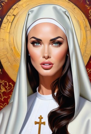 Oil painting, closeup portrait of Megan Fox as a Nun