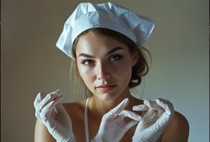 Photo of sexy nurse, putting on rubber gloves, perfect detailed eyes, natural skin, hard shadows, film grain