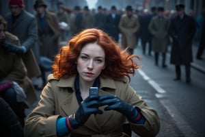 selfie, fine art photo, glamour shot, (designed by Chris Friel:0.8) , photograph, crowded street, stylized, (Woman:1.3), Resting on a diagonal, the Woman has Chestnut hairstyle, Gloves, inside a Trench, Light, Heterotype, Sony A7, 800mm lens, vibrant, colorful, dramatic, epic atmosphere, theatrical, badge