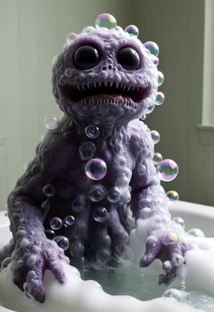 award winning documentary photograph by escher of a vivid and vibrant adorable eldritch horror monster taking a bubble bath made out of bath foam, in a victorian bathroom