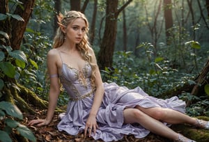 Photo, wide shot from above sitting, between the legs, arm at side, head tilt, (enchanting elf with long pointed ears) young woman, slender build, high elf, fair skin, golden eyes, wavy hair, wearing a soft lavender luxurious elven dress , satin ballet shoes with ethereal motifs, elven ear cuffs, moonstone ring, silver eyeliner, leaf-shaped brooch, set in an otherworldly enchanted forest, with glowing plants, magical creatures, and an enchanting ambiance , in the moonlight