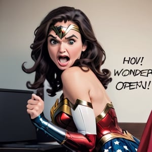 "404" TEXT LOGO. Wonder Woman,  mouth open. Comic strip speech bubble "40 4", TEXT LOGO,