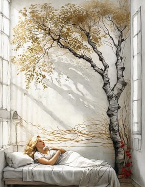 archdrafting, Sketch of patterned illumination casting a tree branch shadow a blonde woman, sleeping peacefully in the morning sunlight. The golden rays stream through a window, casting gentle shadows around her face, accentuating her full red lips and soft features