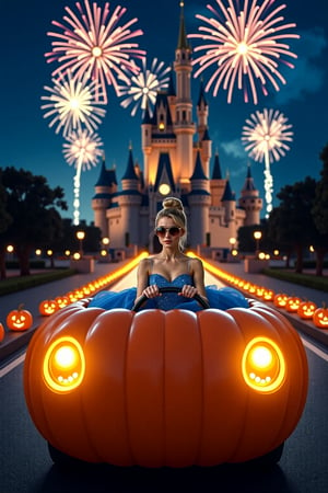 Cinderella driving pumpkin-shaped car as she heads to the ball. Cinderella, dressed in her sparkling blue gown, wears cool aviator sunglasses, adding a modern and edgy twist to her classic look. The car is round and shaped like a giant pumpkin. In the background, a majestic castle stands illuminated under the night sky, with bright fireworks bursting above it. The road leading to the castle is lined with glowing pumpkins, adding a magical touch. The vibe is a mix of fairytale magic and modern cool. Soft moonlight, vibrant fireworks, modern fairytale aesthetic, whimsical yet stylish.