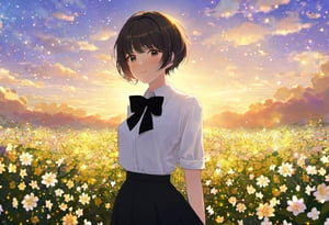 Woman, short hair, dressed in a white shirt and a black skirt, standing in a field of flowers., black bow tie and has a flower in her hair. sunset, golden hour,  cloudy sky, light particle, sparkle