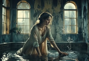 Photo of Lady Macbeth wearing a medieval night gown,  disheveled hair, washing her hands in a dirty pool of water, stylized, Light, epic atmosphere, theatrical, 