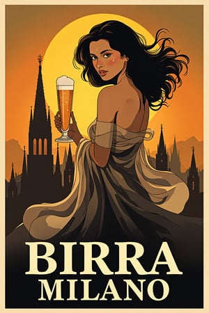 dreamy art. vintage advertisement for 'Birra Milano.' The poster features a dark-haired woman with flowing hair, wrapped in a flowing, ethereal gown. She holds a tall glass of beer with elegance. The background showcases a silhouette of the iconic Milan Cathedral at sunset, with a warm orange and golden sky fading into darker tones. The large, bold text at the bottom reads 'BIRRA MILANO' in a classic font, complementing the overall artistic and elegant aesthetic of the poster.