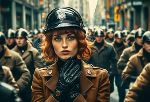 Fine art photo, glamour shot, Woman with Chestnut hairstyle, Gloves, badge, Stahlhelm, crowded street, stylized, Light, epic atmosphere, theatrical, 