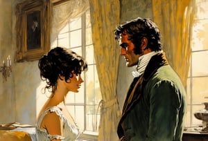 Art by Robert Mcginnis. A couple staring intensely at each other.  Elizabeth Bennet and Mr. Darcy from Pride and Prejudice