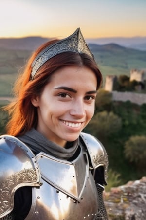 Overhead shot of  pretty Argentine young woman in medieval metal armor, near a faraway castle at sunset. overlooking a valley, casual photo, closeup, smiling