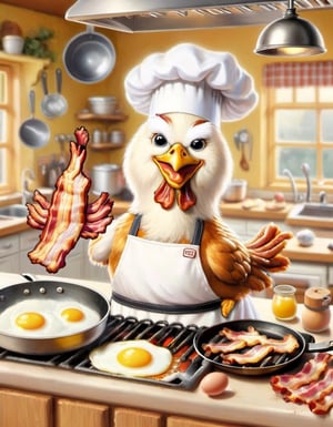 A chicken, wearing a chef's hat and apron, skillfully (frying bacon) and eggs in a sizzling pan. The chicken is standing in a well-equipped kitchen with a smiling face, showcasing its culinary skills. The background features a cluttered countertop with various utensils and ingredients, adding to the charming atmosphere of the scene.