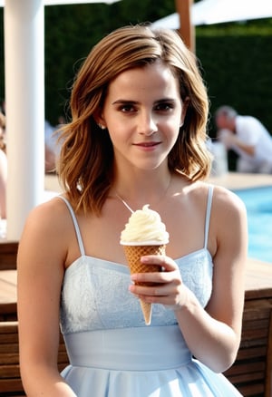 Photo Emma Watson, long hair, eating ice cream, white spaghetti strap summer dress