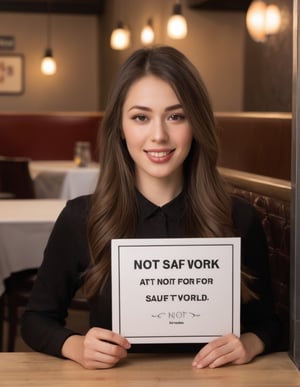 award winning photo, beautiful woman at a restaurant, holding a sign that says "NOT SAFE FORK WORK"