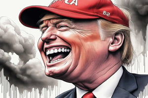 Close up of Donald Trump laughing with his mouth open, wearing MAGA baseball cap, ink art