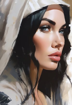 Oil painting, closeup portrait of Megan Fox as a Catholic Nun, black and white wimples, art by Jeremy Mann, art by Agenes Cecile, white background, heavy brushstrokes