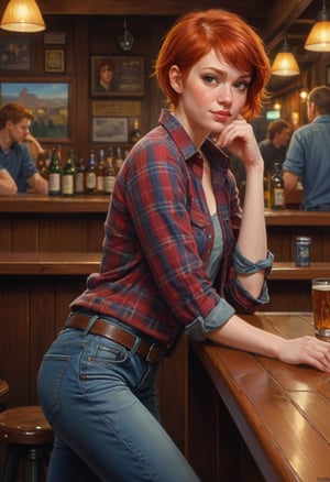 Digital painting of a red-headed girl leaning back against a bar at the local tavern pixie cut, flannel shirt and jeans by and Craig Mullins and Michael Komarck