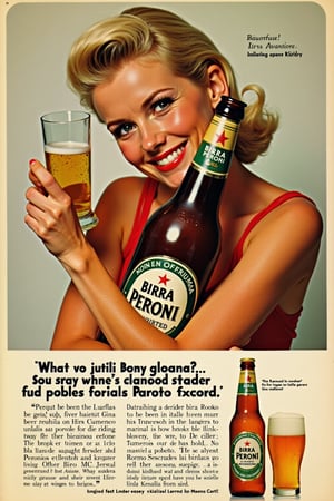 A vintage 1960s beer advertisement featuring the photo of a blonde woman hugging a bottle of Birra Peroni beer while holding a glass of the beer in her hand. The woman has her arms crossed and is looking at the camera with a smile on her face. The beer bottle is brown with a white label and a gold cap.