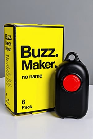 This is a photograph of a packaging box for buzz noise maker. The box is rectangular with a bright yellow background and a black border, displaying a minimalist design. The front of the box features prominent black bold text "Buzz", and "Maker" below in a slightly larger, bolder font. Below this, in smaller text, it reads "no name" in black. The dimensions are specified as Large and the brand name "6 Pack" is printed at the bottom right corner.  Next to the box is a black buzzer with a big red button