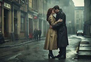 Fine art photo, glamour shot, couple hugging, Macbeth and Lady Macbeth, crowded street, trench coat, stylized, Light, epic atmosphere, theatrical, 