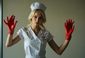 Photo. Closeup of a blonde model dressed as a sexy nurse, pulling on rubber gloves at a hospital, shadows
