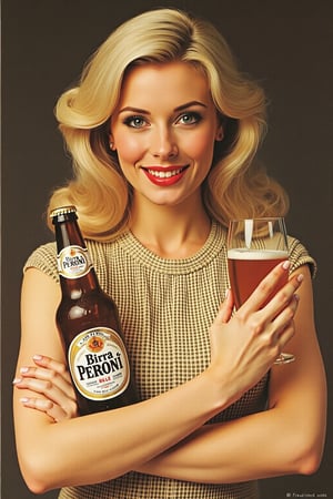 A vintage 1960s beer advertisement featuring a blonde woman with holding a bottle of Birra Peroni beer and a glass of the beer. The woman has her arms crossed and is looking at the camera with a smile on her face. The beer bottle is brown with a white label and a gold cap.